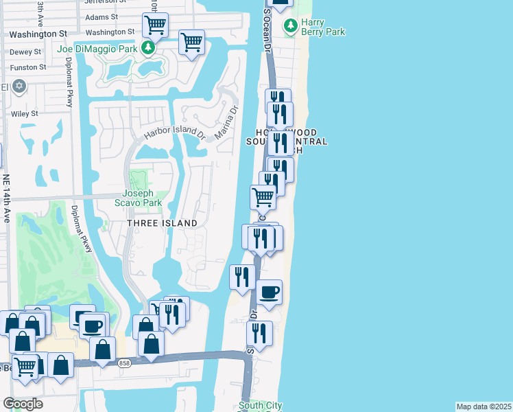 map of restaurants, bars, coffee shops, grocery stores, and more near 3000 South Ocean Drive in Hollywood