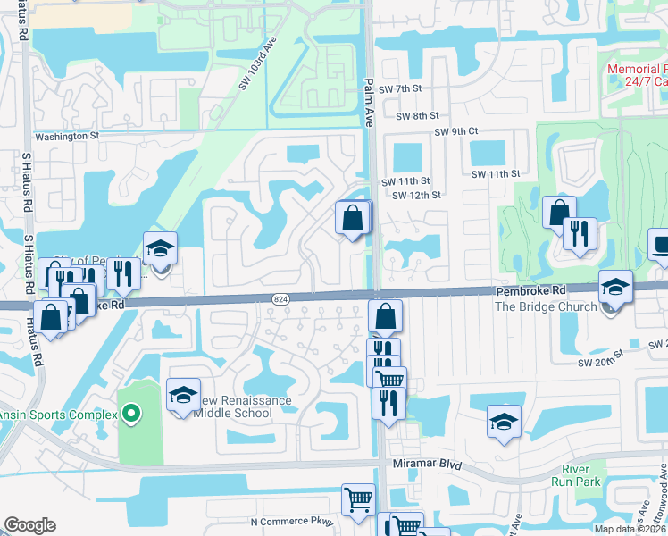 map of restaurants, bars, coffee shops, grocery stores, and more near 1468 Southwest 101st Terrace in Pembroke Pines