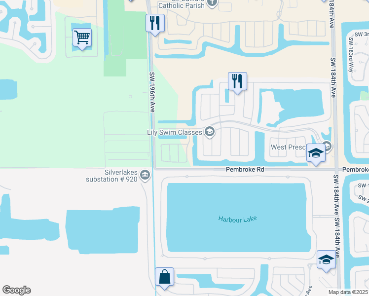 map of restaurants, bars, coffee shops, grocery stores, and more near 1511 Southwest 193rd Terrace in Pembroke Pines