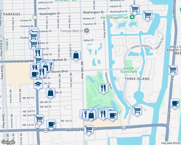 map of restaurants, bars, coffee shops, grocery stores, and more near 1420 Atlantic Shores Boulevard in Hallandale Beach