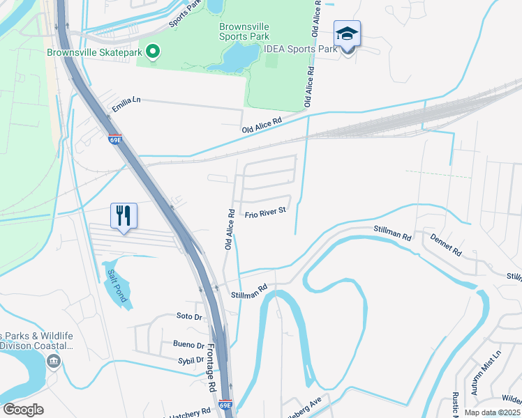 map of restaurants, bars, coffee shops, grocery stores, and more near 6037 Frio River Street in Brownsville