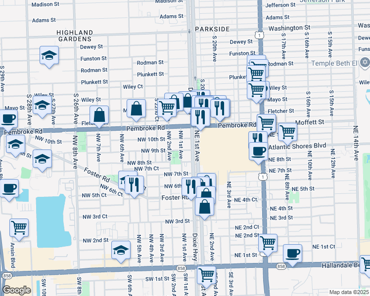 map of restaurants, bars, coffee shops, grocery stores, and more near 26 Northwest 9th Street in Hallandale Beach