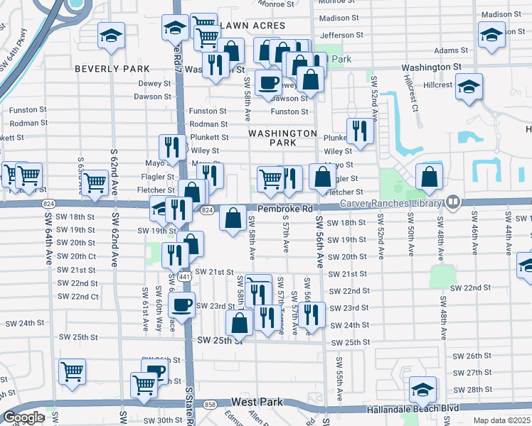 map of restaurants, bars, coffee shops, grocery stores, and more near 5730 Pembroke Road in Hollywood