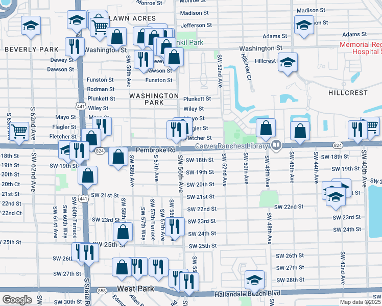 map of restaurants, bars, coffee shops, grocery stores, and more near 5424 Pembroke Road in Hollywood