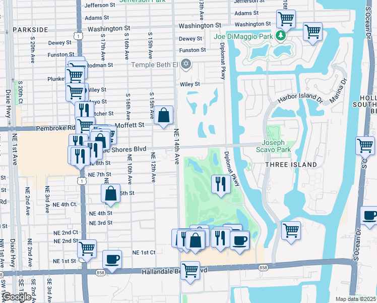 map of restaurants, bars, coffee shops, grocery stores, and more near 1450 Atlantic Shores Boulevard in Hallandale Beach