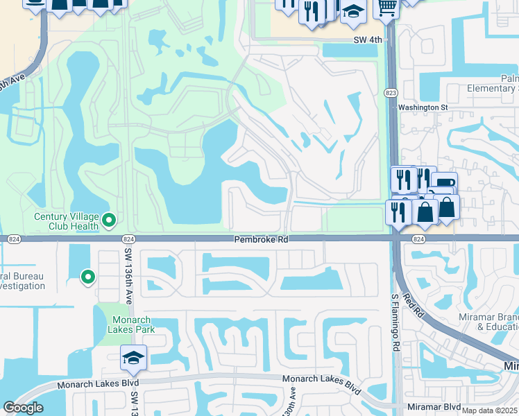 map of restaurants, bars, coffee shops, grocery stores, and more near 13001 Southwest 15th Court in Pembroke Pines