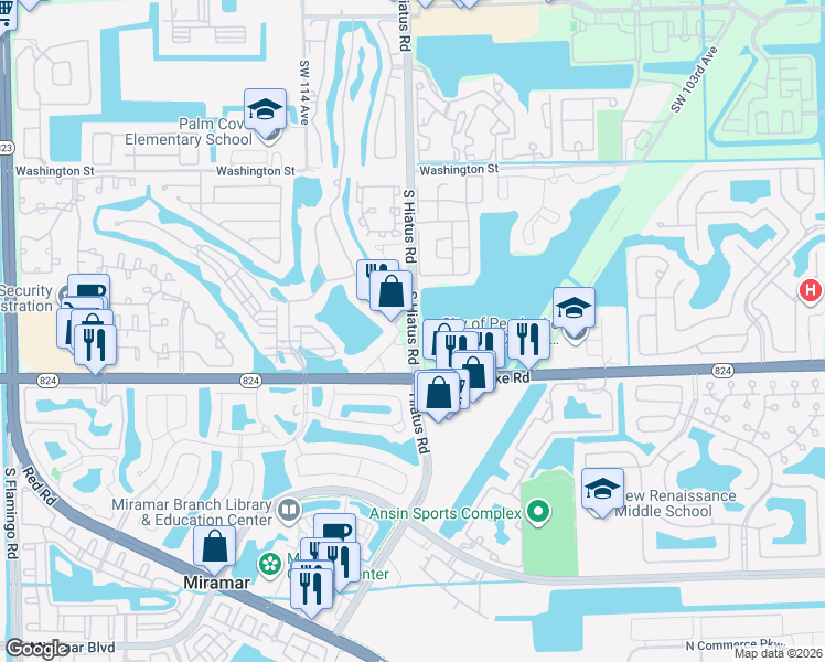 map of restaurants, bars, coffee shops, grocery stores, and more near 1500 South Hiatus Road in Pembroke Pines