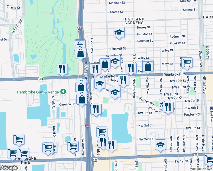 map of restaurants, bars, coffee shops, grocery stores, and more near 1012 Foster Road in Hallandale Beach