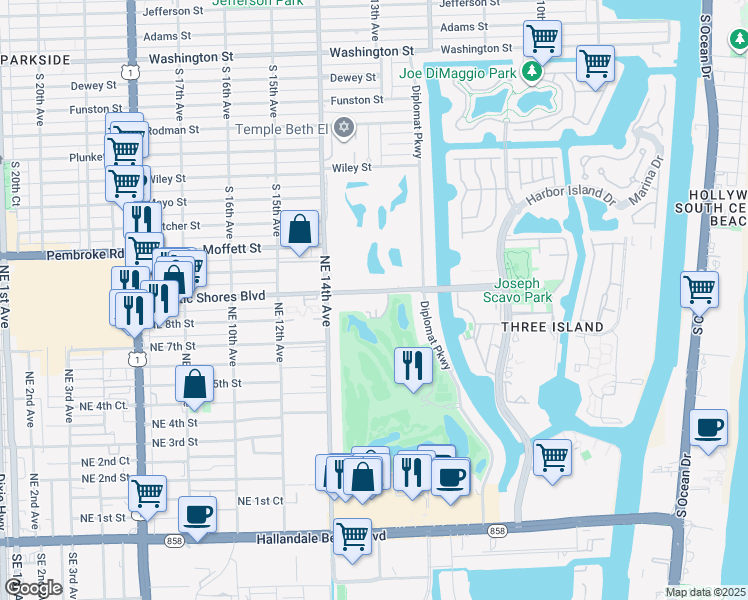map of restaurants, bars, coffee shops, grocery stores, and more near 1450 Atlantic Shores Boulevard in Hallandale Beach
