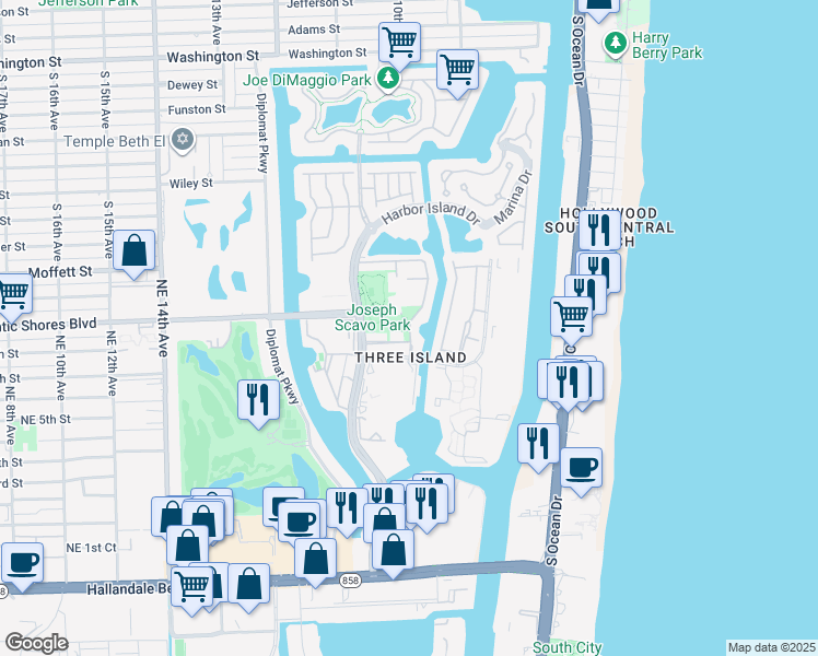 map of restaurants, bars, coffee shops, grocery stores, and more near 801 Northeast 25th Avenue in Hallandale Beach