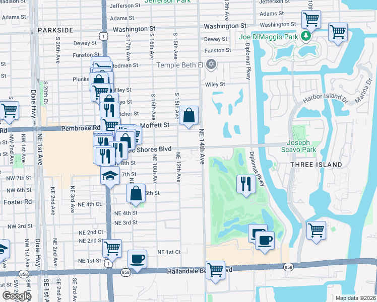 map of restaurants, bars, coffee shops, grocery stores, and more near 1250 Atlantic Shores Boulevard in Hallandale Beach