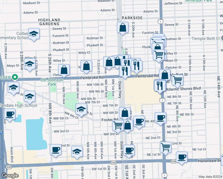 map of restaurants, bars, coffee shops, grocery stores, and more near 26 Northwest 9th Street in Hallandale Beach