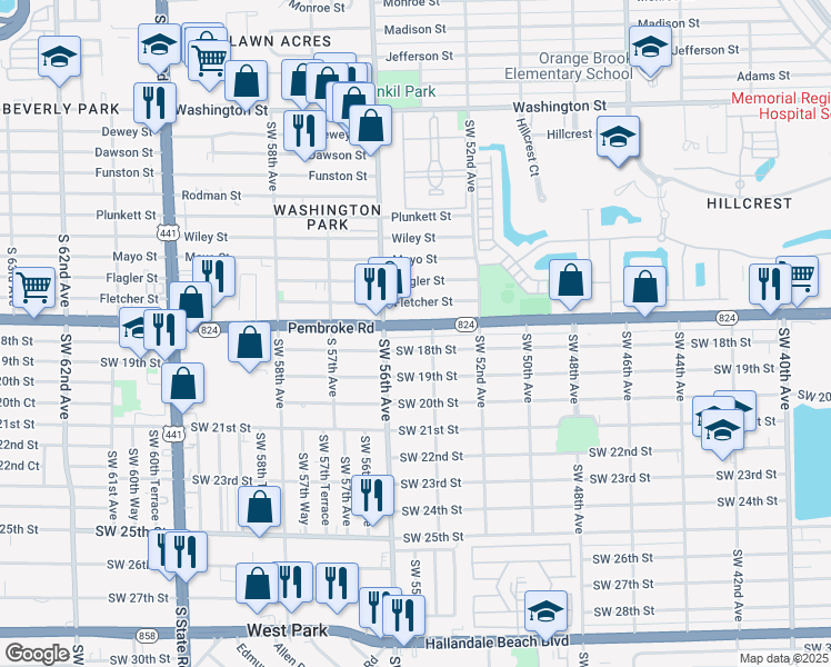 map of restaurants, bars, coffee shops, grocery stores, and more near 5424 Pembroke Road in Hollywood
