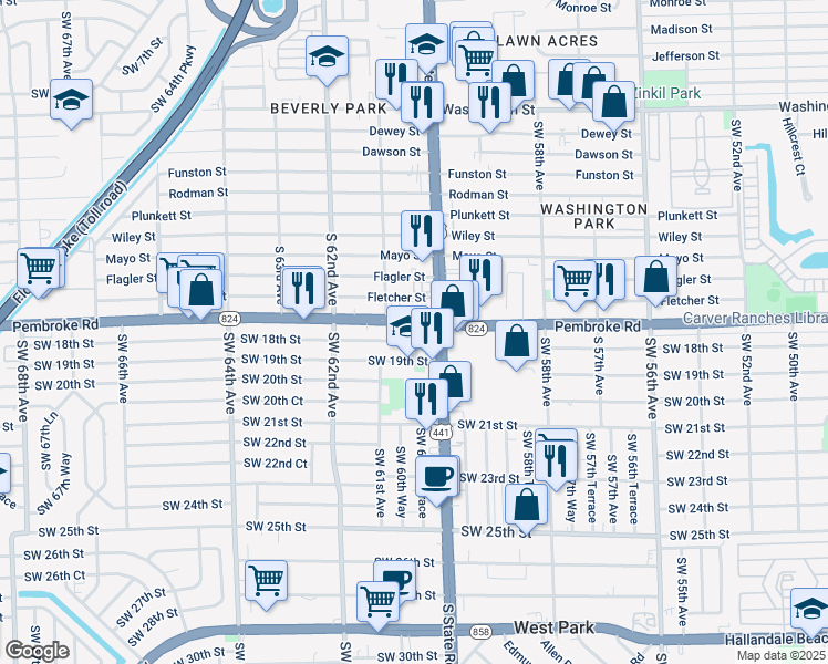 map of restaurants, bars, coffee shops, grocery stores, and more near 1718 Southwest 60th Terrace in Miramar