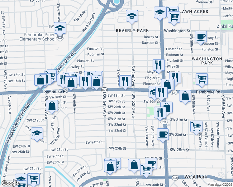 map of restaurants, bars, coffee shops, grocery stores, and more near 6319 Southwest 18th Street in Miramar