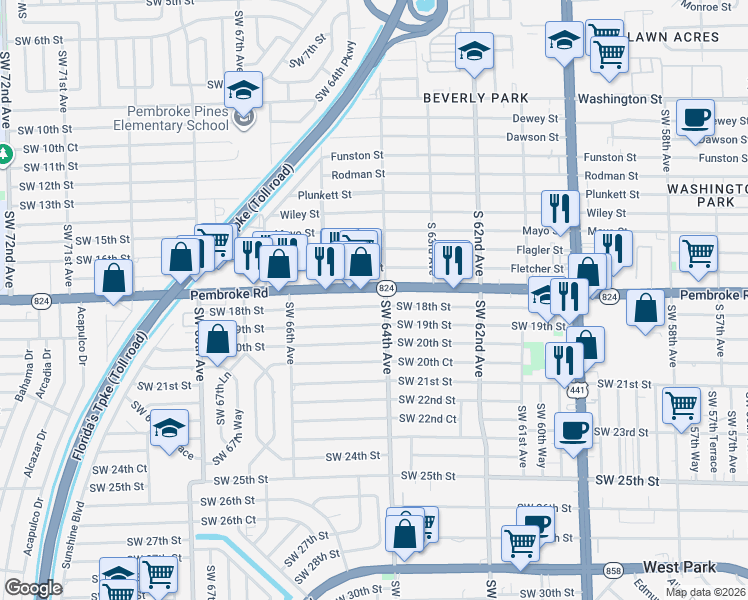 map of restaurants, bars, coffee shops, grocery stores, and more near 6405 Southwest 18th Street in Miramar