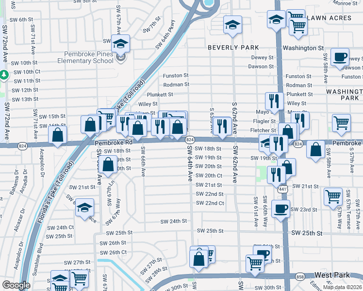 map of restaurants, bars, coffee shops, grocery stores, and more near 6405 Southwest 18th Street in Miramar
