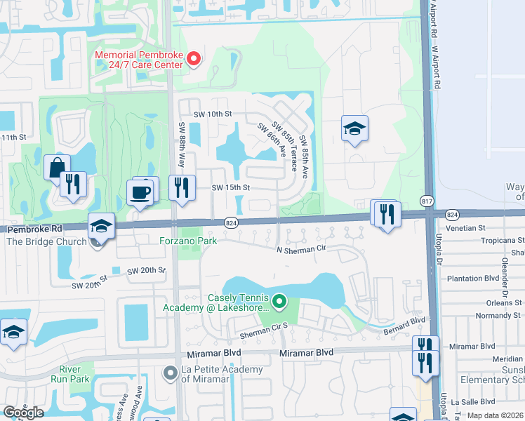 map of restaurants, bars, coffee shops, grocery stores, and more near 8631 Southwest 16th Court in Pembroke Pines