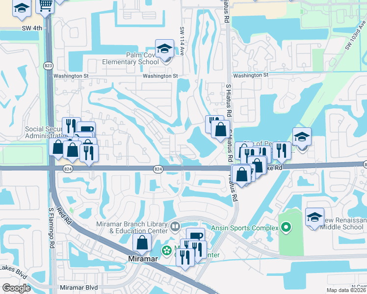 map of restaurants, bars, coffee shops, grocery stores, and more near 1359 Southwest 113th Avenue in Pembroke Pines