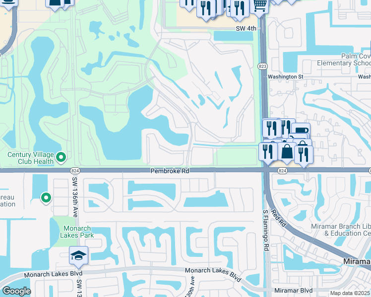 map of restaurants, bars, coffee shops, grocery stores, and more near 12901 Southwest 15th Court in Pembroke Pines