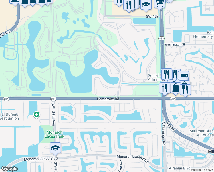 map of restaurants, bars, coffee shops, grocery stores, and more near 13001 Southwest 15th Court in Pembroke Pines