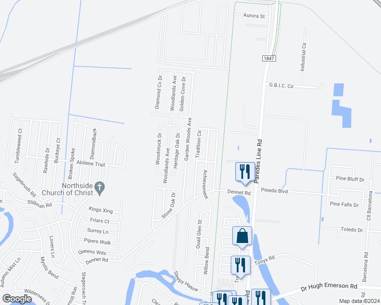 map of restaurants, bars, coffee shops, grocery stores, and more near 6677 Garden Woods Avenue in Brownsville