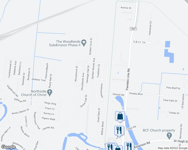map of restaurants, bars, coffee shops, grocery stores, and more near 6678 Garden Woods Avenue in Brownsville