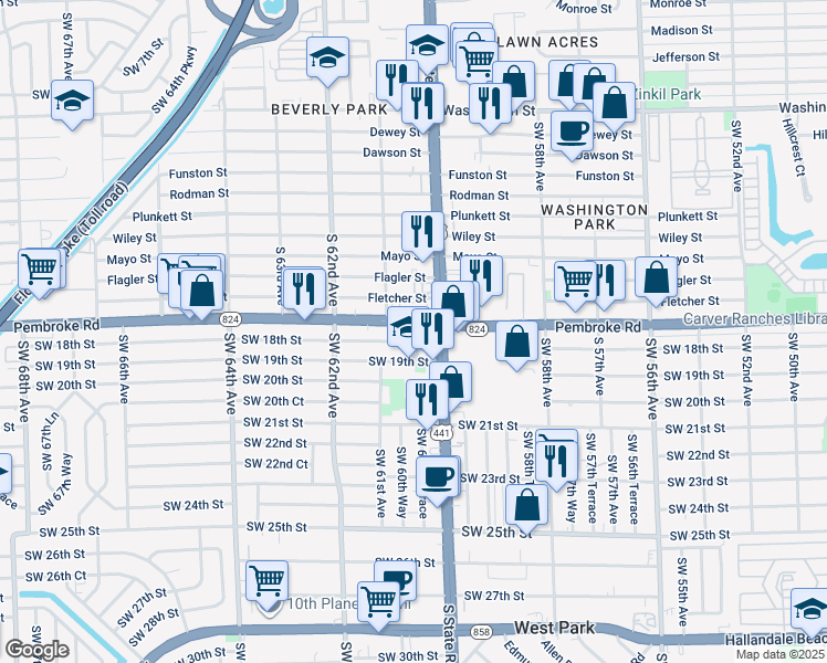 map of restaurants, bars, coffee shops, grocery stores, and more near 1718 Southwest 60th Terrace in Miramar