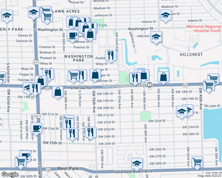 map of restaurants, bars, coffee shops, grocery stores, and more near 5236 Pembroke Road in Hollywood
