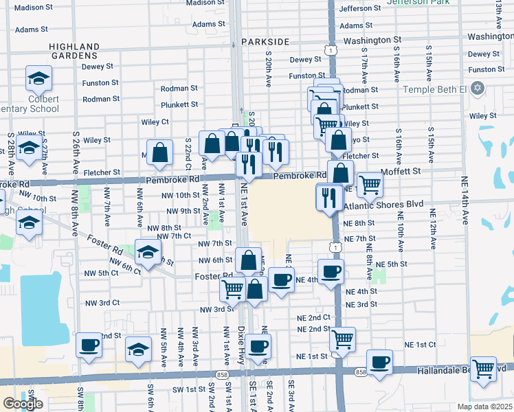 map of restaurants, bars, coffee shops, grocery stores, and more near 2002 West Pembroke Road in Hallandale Beach