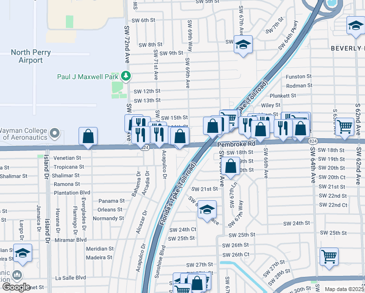 map of restaurants, bars, coffee shops, grocery stores, and more near 6942 Pembroke Road in Pembroke Pines