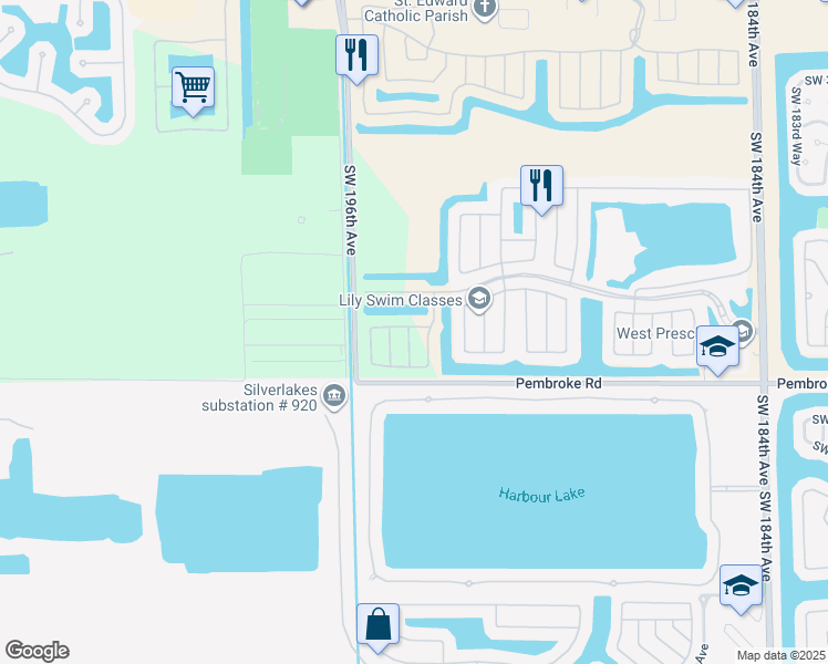 map of restaurants, bars, coffee shops, grocery stores, and more near 1511 Southwest 193rd Terrace in Pembroke Pines