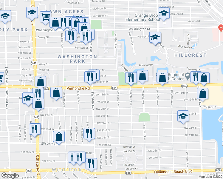 map of restaurants, bars, coffee shops, grocery stores, and more near 5236 Pembroke Road in Hollywood