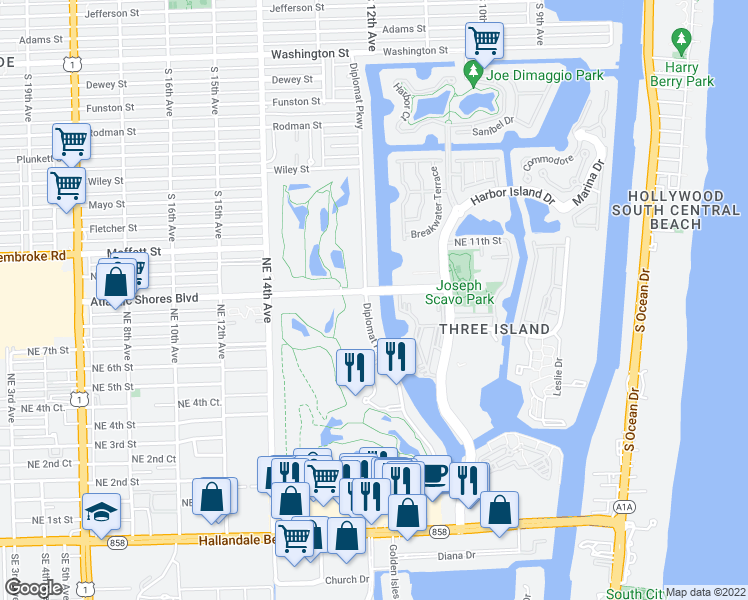 map of restaurants, bars, coffee shops, grocery stores, and more near 812 Diplomat Parkway in Hallandale Beach