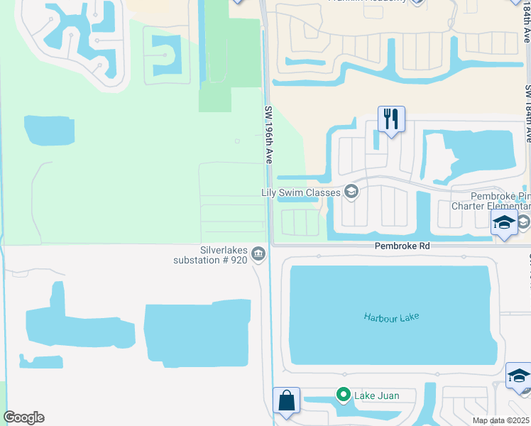 map of restaurants, bars, coffee shops, grocery stores, and more near 1496 Southwest 196th Avenue in Pembroke Pines