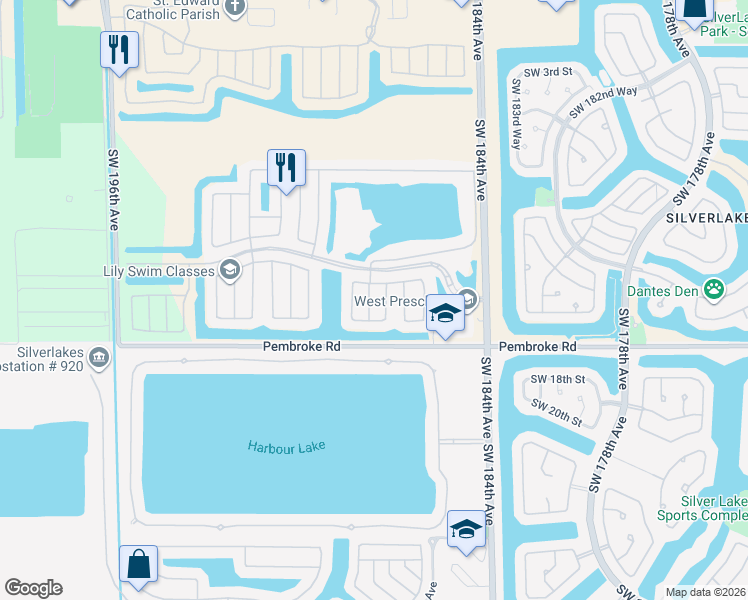 map of restaurants, bars, coffee shops, grocery stores, and more near 1535 Southwest 187th Avenue in Pembroke Pines