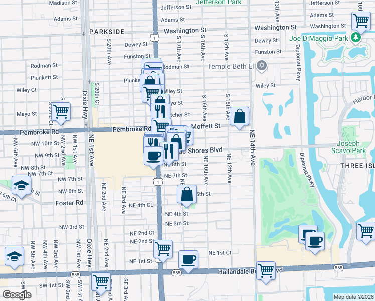 map of restaurants, bars, coffee shops, grocery stores, and more near in Hallandale Beach