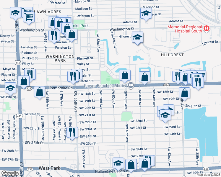 map of restaurants, bars, coffee shops, grocery stores, and more near 4954 Pembroke Road in Hollywood