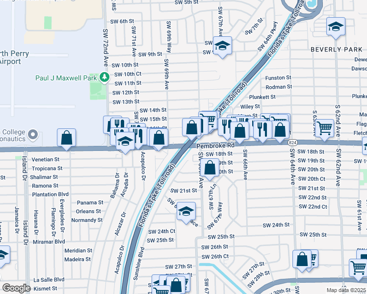 map of restaurants, bars, coffee shops, grocery stores, and more near 6839 Pembroke Road in Pembroke Pines