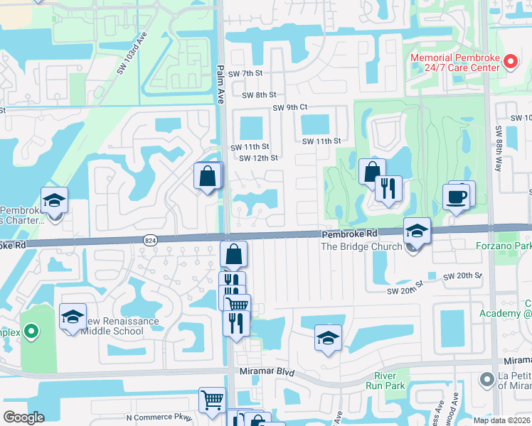 map of restaurants, bars, coffee shops, grocery stores, and more near 9909 Southwest 16th Street in Pembroke Pines