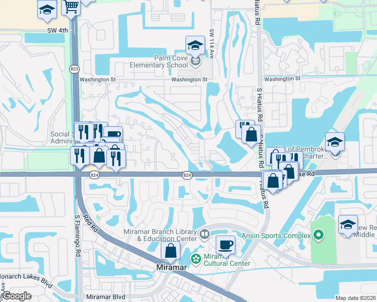 map of restaurants, bars, coffee shops, grocery stores, and more near 11568 Southwest 13th Lane in Pembroke Pines