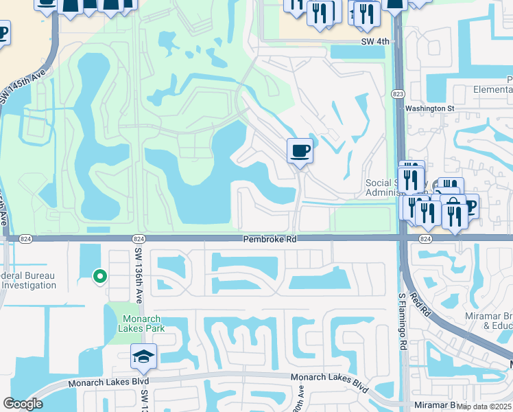 map of restaurants, bars, coffee shops, grocery stores, and more near 13001 Southwest 15th Court in Pembroke Pines