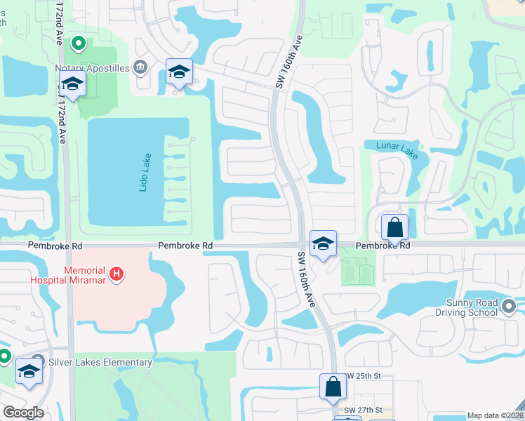 map of restaurants, bars, coffee shops, grocery stores, and more near 16222 Southwest 14th Street in Pembroke Pines