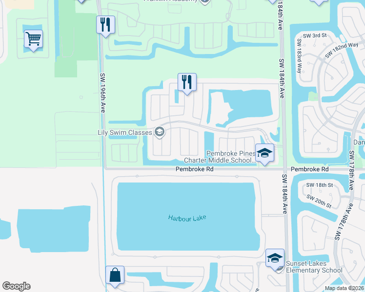map of restaurants, bars, coffee shops, grocery stores, and more near 1571 Southwest 190th Avenue in Pembroke Pines