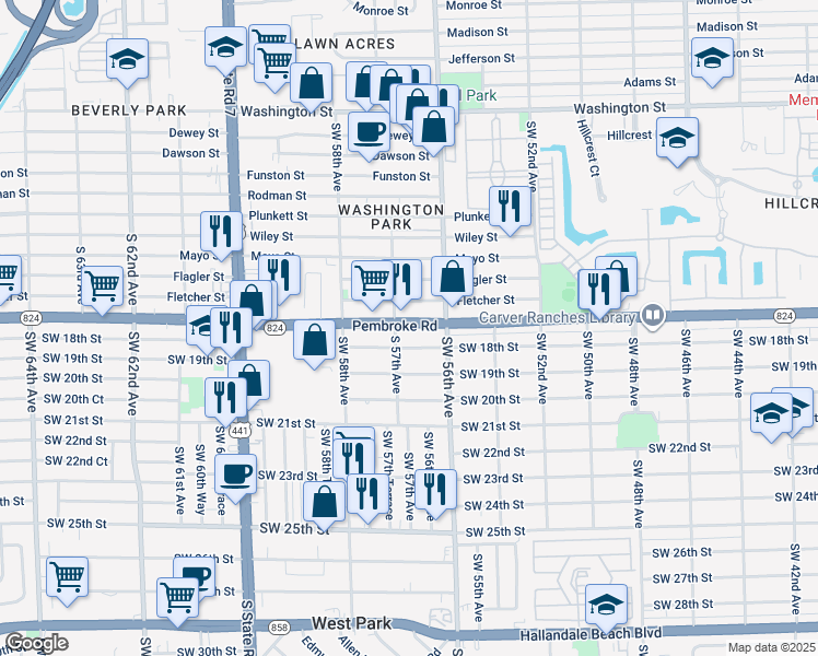 map of restaurants, bars, coffee shops, grocery stores, and more near 5690 Pembroke Road in West Park
