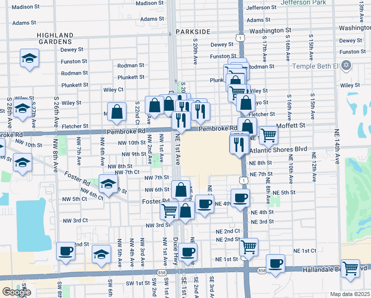 map of restaurants, bars, coffee shops, grocery stores, and more near 2002 West Pembroke Road in Hallandale Beach