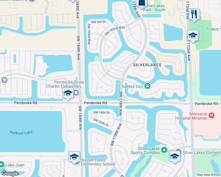 map of restaurants, bars, coffee shops, grocery stores, and more near 1322 Southwest 178th Way in Pembroke Pines