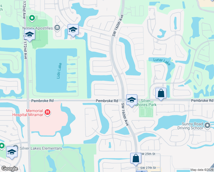 map of restaurants, bars, coffee shops, grocery stores, and more near 16222 Southwest 14th Street in Pembroke Pines