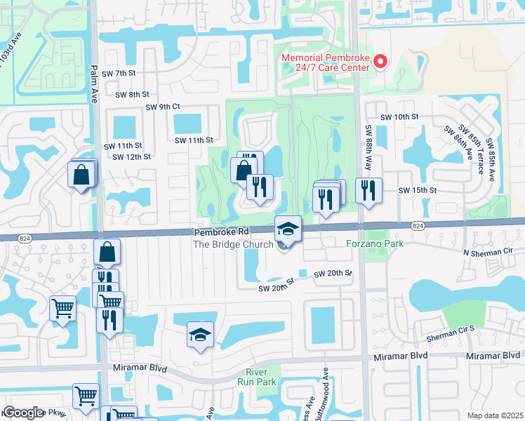 map of restaurants, bars, coffee shops, grocery stores, and more near 9520 South Hollybrook Lake Drive in Pembroke Pines