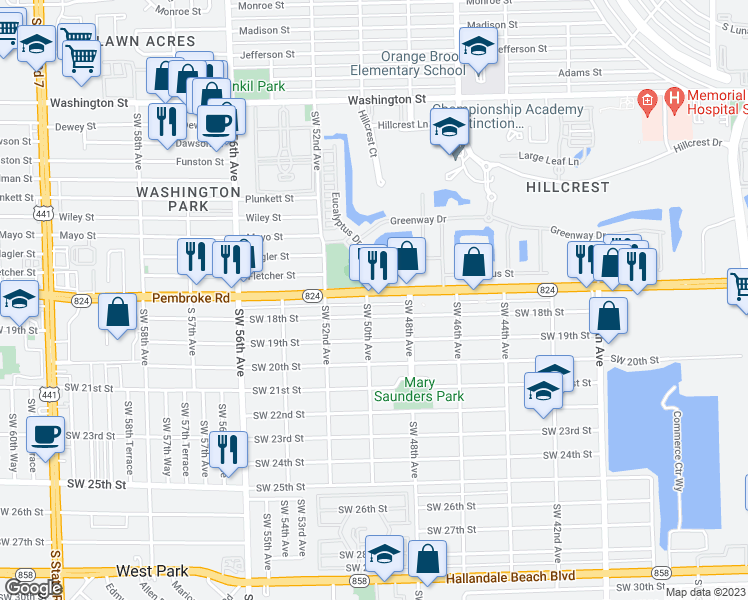 map of restaurants, bars, coffee shops, grocery stores, and more near 4954 Pembroke Road in Hollywood